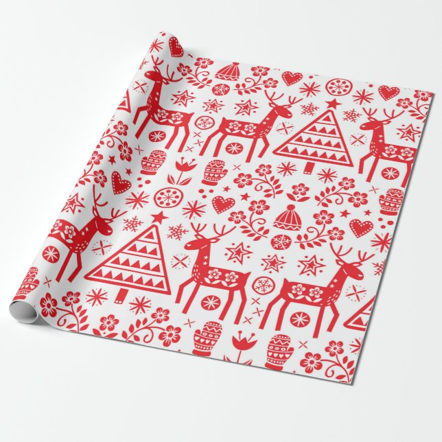 PAPEL DE PRESENTE PADRÃO DE NATAL ESCANDINAVIANO VERMELHO DO PAPEL (Desenrolado)