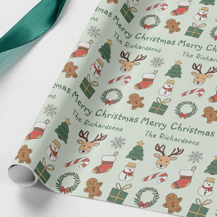 Papel De Presente Padrão de Natal Festivo Verde Salvia Festa