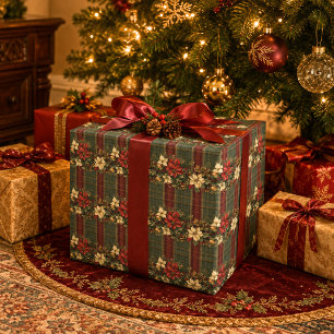 Papel De Presente Padrão de Natal Flor de Poinsettia Xadrez Verde Ve