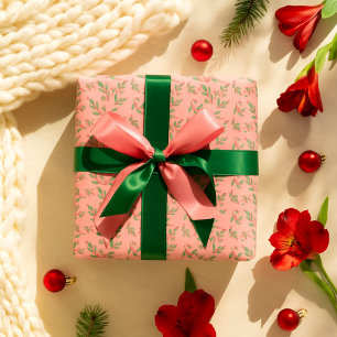 Papel De Presente Padrão de Natal Floral Clássico Cor-de-Rosa