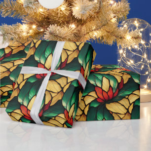 Papel De Presente Padrão de Natal Floral Vermelho e Laranja Claro