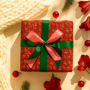 Papel De Presente Padrão de Natal Floral Vermelho e Verde Clássico C