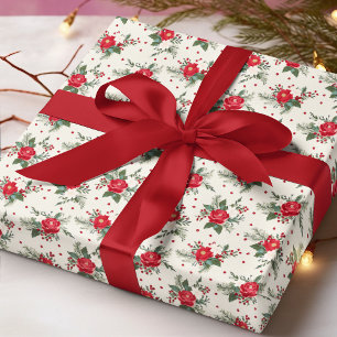 Papel De Presente Padrão de Natal Floral Vermelho Elegante
