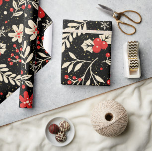 Papel De Presente Padrão de Natal Folhas Brancas Vermelhas Sagradas