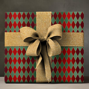 Papel De Presente Padrão de Natal Luxuoso Arlequim Vermelho Verde