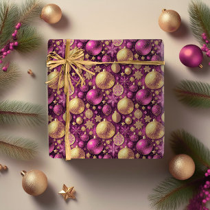 Papel De Presente Padrão de Natal Magenta Dourado #31 ID1009