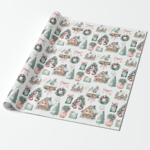 Papel De Presente Padrão de Natal Mint Rosa Vintage