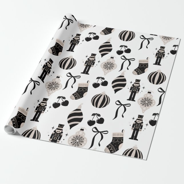 Papel De Presente Padrão de Natal Preto e Branco (Desenrolado)
