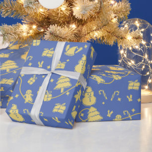 Papel De Presente Padrão de Natal Retroativo Azul