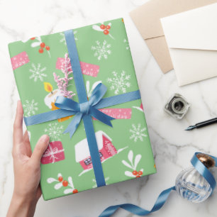 Papel De Presente Padrão de Natal Rosa com Fundo Verde