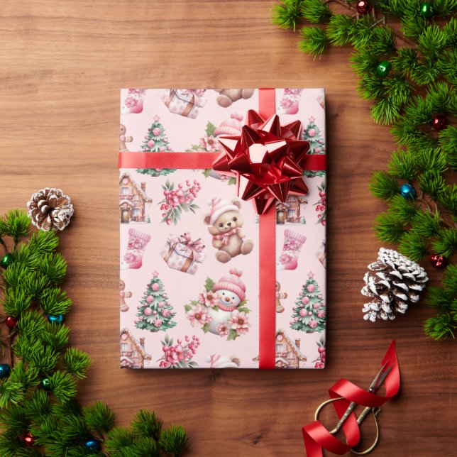 Papel De Presente Padrão de Natal Rosa Pastel Whimsical - Neves (Presente de Natal)