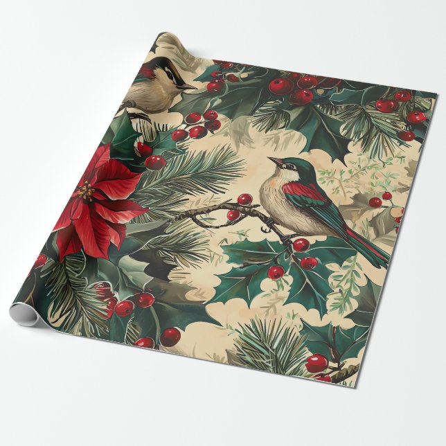 Papel De Presente Padrão de Natal Rustic Bird and Poinsettia (13) (Desenrolado)