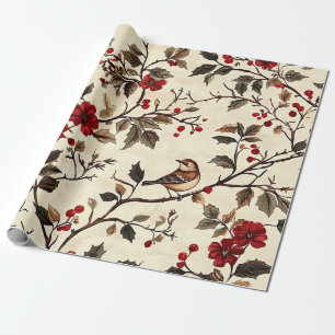 Papel De Presente Padrão de Natal Rustic Bird and Poinsettia (22)