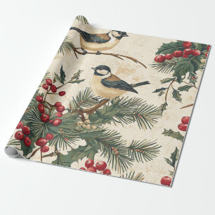 Papel De Presente Padrão de Natal Rustic Bird and Poinsettia (8)
