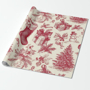 Papel De Presente Padrão de Natal Toile Vermelho Vintage com Meias