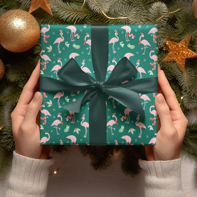 Papel De Presente Padrão de Natal Verde Flamingo Rosa (Criador carregado)