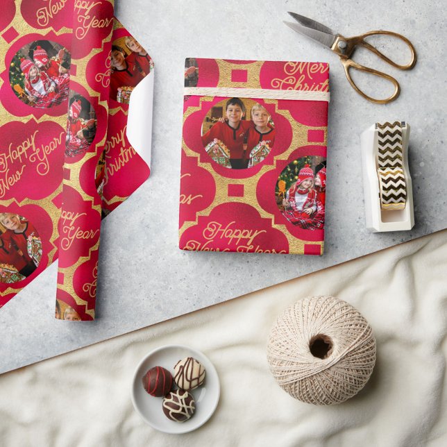 Papel De Presente Padrão de Natal Vermelho e Dourado Elegante com Du (Criador carregado)
