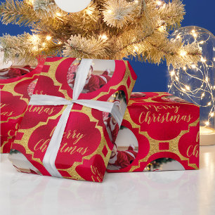 Papel De Presente Padrão de Natal Vermelho e Dourado Elegante Foto d
