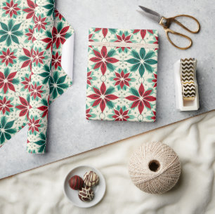 Papel De Presente Padrão de Natal Vermelho Verde Poinsettia Geométri