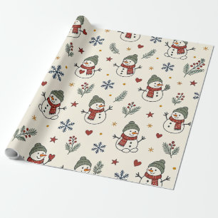 Papel De Presente Padrão de Natal Vintage com Bonecos de Neve, Coraç