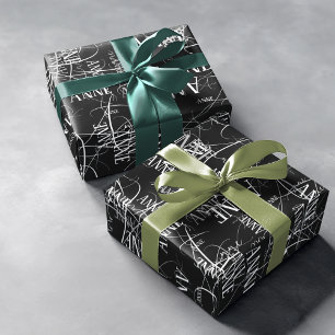 Papel De Presente Padrão de Nome de Tipografia Elegante Preto
