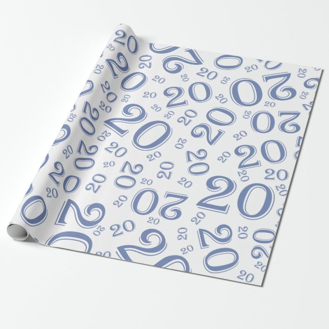 Papel De Presente Padrão de Número Aleatório Azul/Branco de Aniversá (Desenrolado)