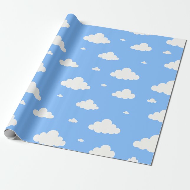 Papel De Presente Padrão de nuvens brancas fofas no azul celeste sem (Desenrolado)
