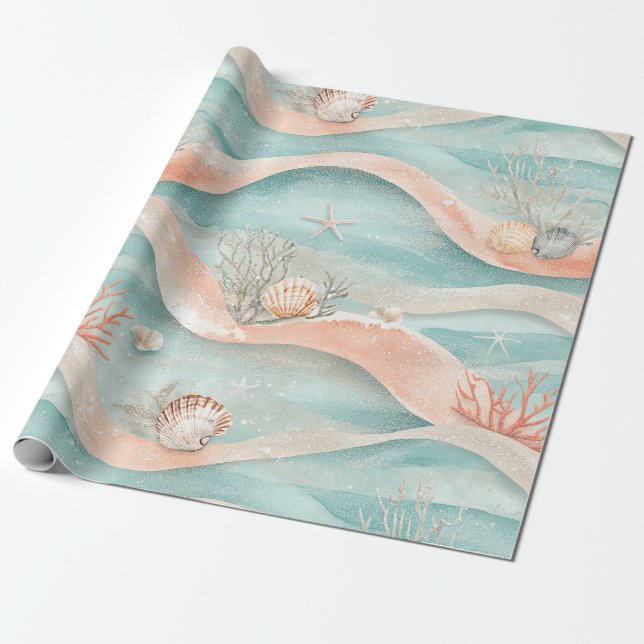 Papel De Presente Padrão de Oceano Coral Água Elegante (Desenrolado)