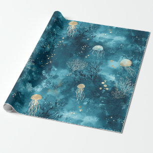 Papel De Presente Padrão de Oceano Coral Água-Viva Azul Luxuoso
