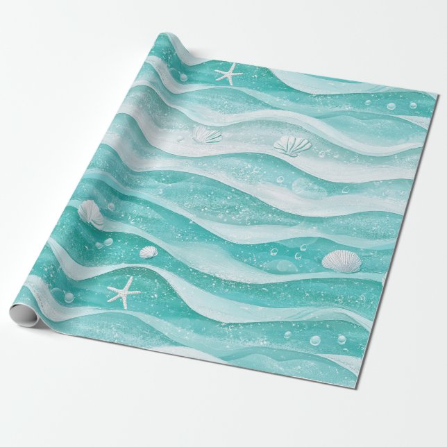 Papel De Presente Padrão de Onda do Oceano de Conchas Marinhas Coste (Desenrolado)