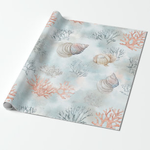 Papel De Presente Padrão de Ondas Aqua e Conchas de Recifes de Coral