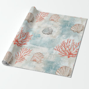 Papel De Presente Padrão de Ondas Aqua e Conchas de Recifes de Coral