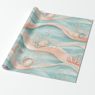 Papel De Presente Padrão de Ondas Aquáticas e Conchas de Recifes de