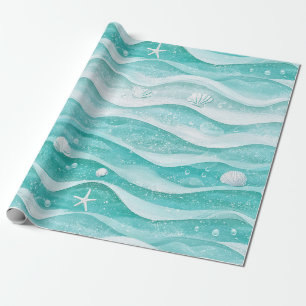 Papel De Presente Padrão de Ondas do Oceano Aqua & Conchas Marinhas 