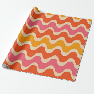Papel De Presente Padrão de Ondas em Estilo Retrô em rosa, laranja e
