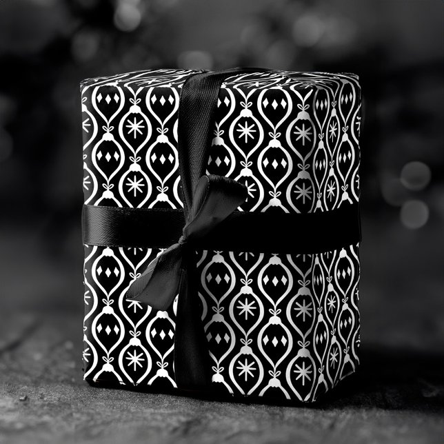 Papel De Presente Padrão de Ornamento de Feriados Pretos de Tendênci (Modern Trendy Retro Black Holiday Ornament Pattern Wrapping Paper Sheets)