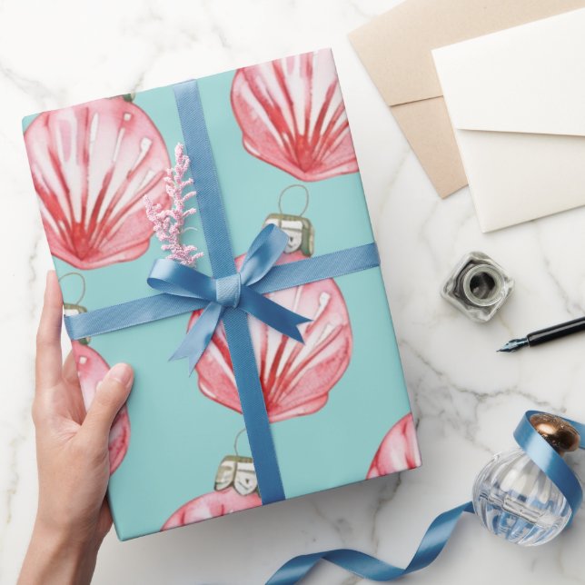 Papel De Presente Padrão de Ornamento de Seashell Vermelho (Presentear)