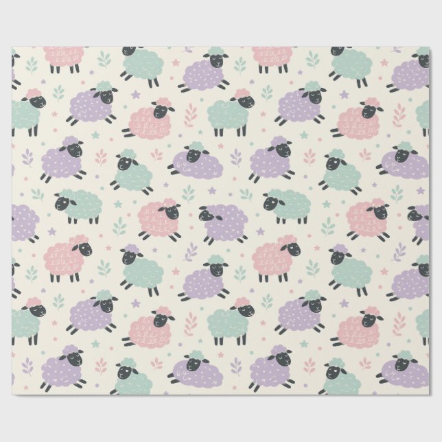 Papel De Presente Padrão de Ovelhas Arco-íris Pastel (Aberto)