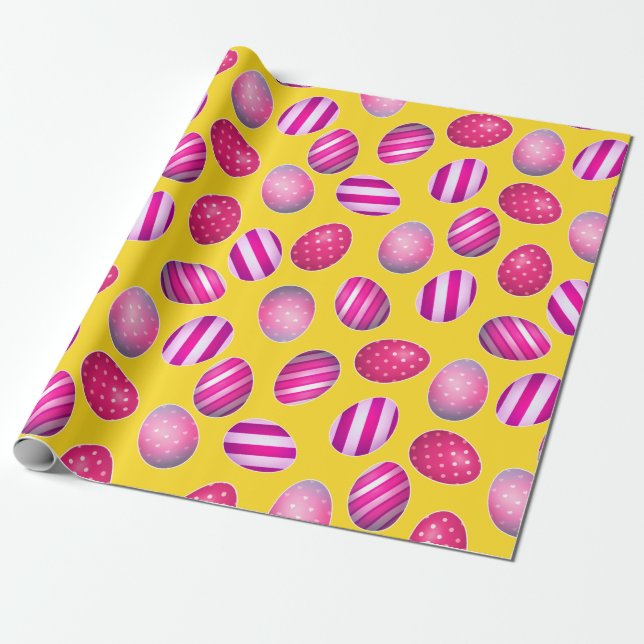Papel De Presente Padrão de Ovos de Páscoa Amarelo e Rosa (Desenrolado)