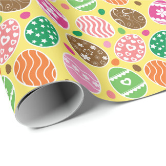 Papel De Presente Padrão de Ovos de Páscoa Coloridos Fundo Amarelo