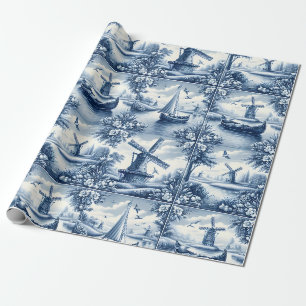 Papel De Presente Padrão de Paisagem Holandesa Azul e Branco • Inspi