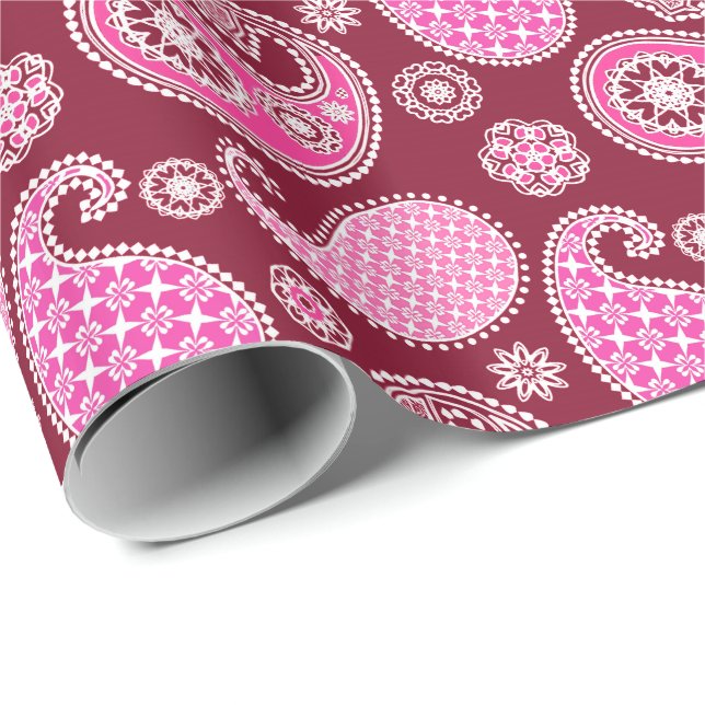 Papel De Presente Padrão de Paisley, Borgonha, Rosa e Branco (Ponta do rolo)