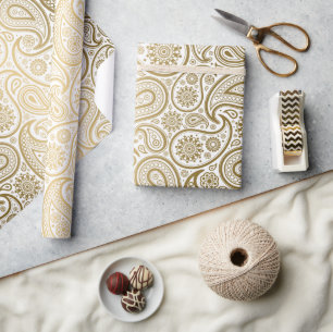 Papel De Presente Padrão de Paisley Branco e Dourado