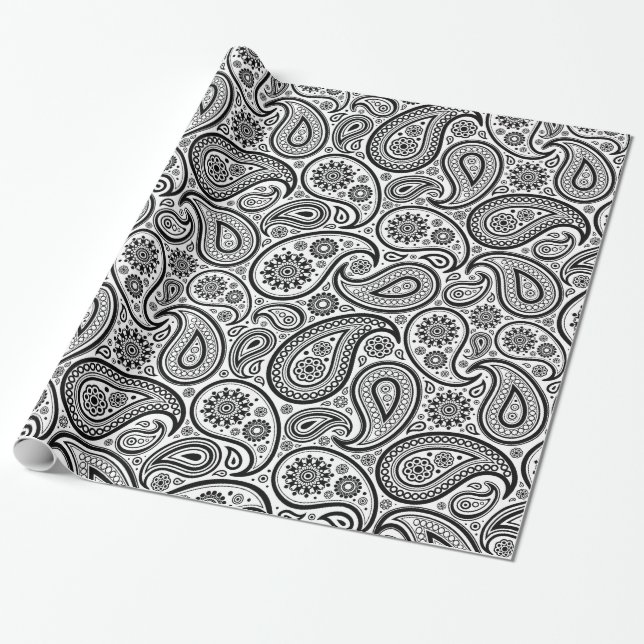 Papel De Presente Padrão de Paisley de Pintura Branca em Preto (Desenrolado)
