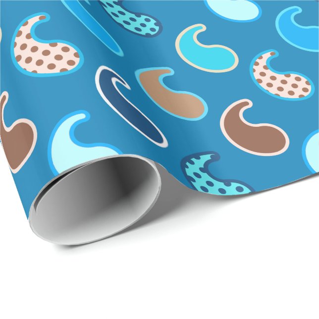 Papel De Presente Padrão de Paisley Moderno, Azul Ceruliano, Tan & A (Ponta do rolo)