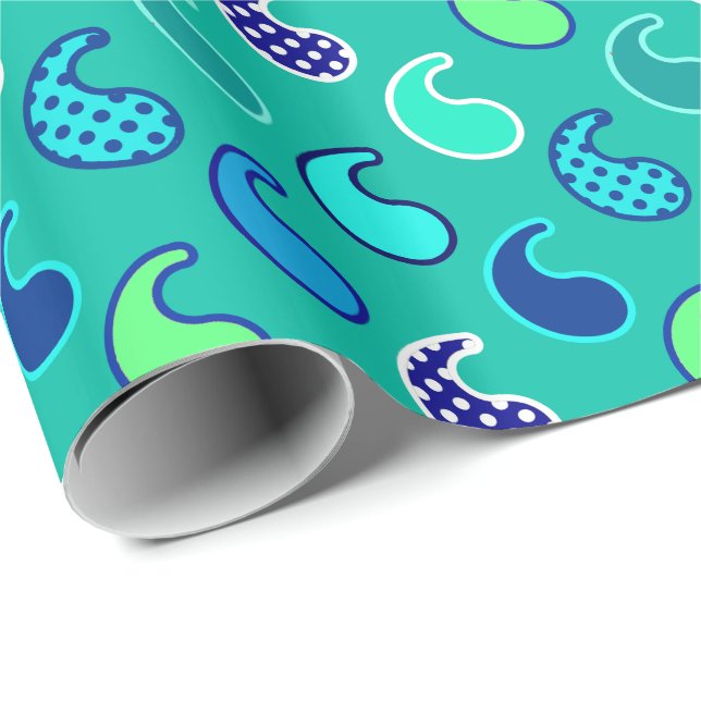 Papel De Presente Padrão de Paisley Moderno, Turquesa, Azul e Aqua (Ponta do rolo)