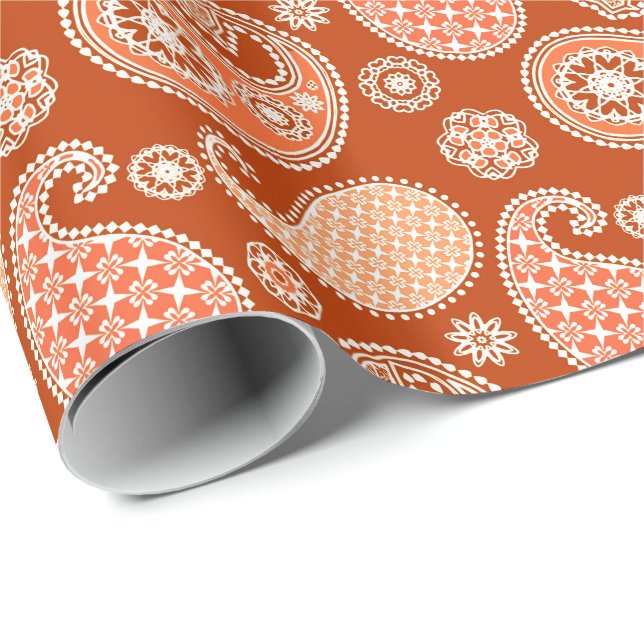 Papel De Presente Padrão de Paisley, tangerina laranja e branca (Ponta do rolo)