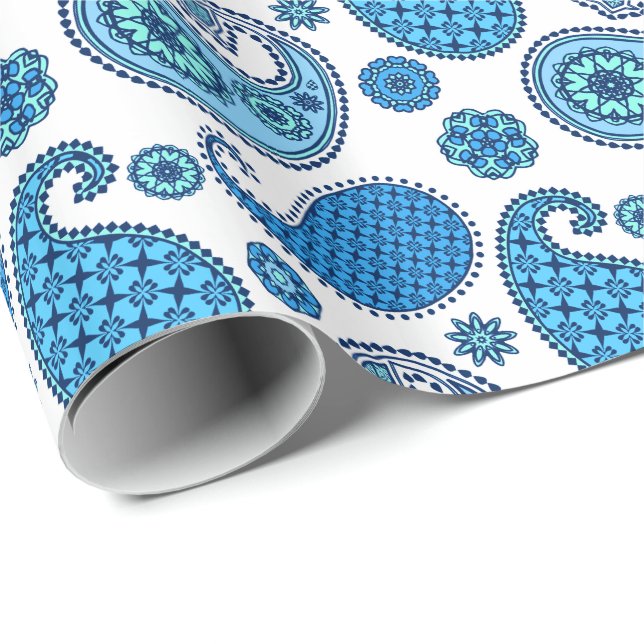 Papel De Presente Padrão de Paisley, tons azuis em branco (Ponta do rolo)
