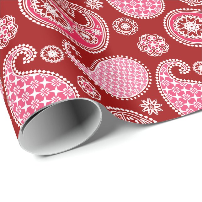 Papel De Presente Padrão de Paisley, Vermelho Escuro, Rosa e Branco (Ponta do rolo)
