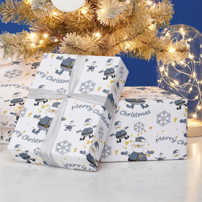 Papel De Presente Padrão de Papais noeis de Natal Dourado de Denim F (Feriados)